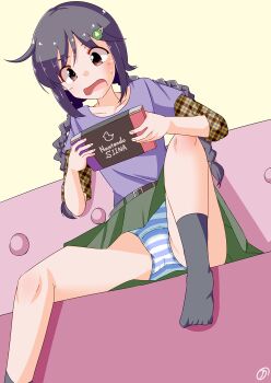 1girl black_hair blush braid brown_eyes controller game_controller hair_ornament hairclip highres holding holding_controller holding_game_controller idolmaster idolmaster_cinderella_girls long_hair miyoshi_sana nintendo_switch panties ryono_ron sitting socks solo striped_clothes striped_panties twin_braids twintails underwear upskirt