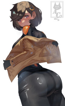 1girl alley_cat ass black_hair blush bodysuit dark-skinned_female dark_skin emma_(pokemon) from_behind gloves highres jacket looking_back nintendo pokemon pokemon_legends:_z-a purple_eyes short_hair undressing