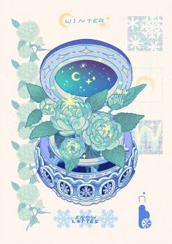 Rule 34 | analogous colors, aqua flower, artist name, blue border, blue theme, border, branch, commentary, cool colored, crescent, crescent moon, english commentary, english text, floral print, flower, flower focus, gears, halftone, highres, inset, moon, music box, night, no humans, object focus, original, peony (flower), peony print, simple background, sky, sky print, snowflake print, snowflakes, snowlattes, sparkle, star (sky), starry sky print, white background, winter