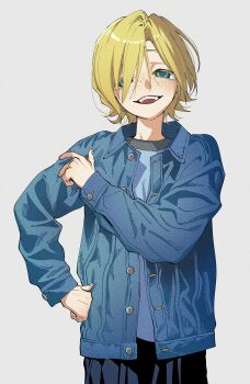 Rule 34 | 1boy, absurdres, blonde hair, blue eyes, blue jacket, blue shirt, commentary request, denim, denim jacket, freckles, grey background, hair between eyes, hair over one eye, hand on own hip, highres, jacket, long sleeves, looking at viewer, male focus, max mccalister, milky subway, open clothes, open mouth, open shirt, shirt, simple background, solo, su5ooo, teeth, upper teeth only