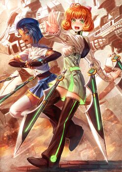 2girls ahoge atlesian_knight_200 backpack bad_id bad_tumblr_id bag beret blue_eyes blue_hair bow ciel_soleil curly_hair dark-skinned_female dark_skin dress forehead_jewel freckles frilled_sleeves frills glowing green_eyes hair_bow hat lace lace-trimmed_legwear lace_trim lain mecha multiple_girls neon_trim open_mouth orange_hair penny_polendina power_symbol robot rwby short_dress short_hair skirt smile sword thighhighs weapon