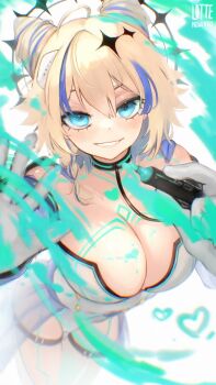 1girl absurdres artist_name blonde_hair blue_eyes blue_streaks blurry body_markings breasts commentary depth_of_field double_bun drawing_on_fourth_wall dress english_commentary eyelashes gloves hair_between_eyes hair_bun halo heart highres holding holding_marker kaneko_lumi kaneko_lumi_(wish) large_breasts lattemeowcatto looking_at_viewer marker multiple_thigh_straps official_alternate_costume official_alternate_hairstyle phase_connect see-through_clothes see-through_skirt skirt virtual_youtuber white_dress white_gloves