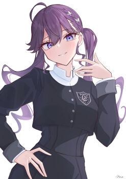 1girl absurdres ahoge black_jacket black_skirt blush braid butterfly_hair_ornament commentary_request cropped_jacket gakuen_idolmaster gokugetsu_academy_school_uniform hair_ornament hand_on_own_hip high-waist_skirt highres idolmaster jacket kaya_rinha long_hair long_sleeves looking_at_viewer noa_82g purple_hair revision school_uniform simple_background skirt smile solo twintails white_background