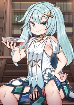 1futa aqua_hair armlet armpits arrow_(symbol) arrow_print bar_censor book bookshelf bowl censored clothes clothing_cutout dress eyebrows eyelashes faruzan_(genshin_impact) flaccid flat_chest foreskin futanari genshin_impact glass_bowl green_eyes hair_between_eyes hair_ornament hand_on_own_hip heart heart-shaped_pupils highres holding holding_bowl jewelry knees lemon_snail liquid loli long_hair looking_at_viewer penis short_sleeves sitting smile solo symbol-shaped_pupils testicles twintails white_dress x_hair_ornament
