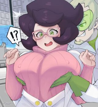 ! !? 1boy 1girl absurdres artist_name artsheops big_hair blurry blurry_background blush breasts capelet covered_erect_nipples depth_of_field embarrassed faba_(pokemon) gloves goggles green_eyes green_gloves groping hetero highres huge_breasts indoors lab_coat long_sleeves nintendo open_mouth pink-framed_eyewear pink_sweater pokemon pokemon_sm purple_hair raised_eyebrows spoken_exclamation_mark surprised sweatdrop sweater turtleneck turtleneck_sweater upper_body wicke_(pokemon)