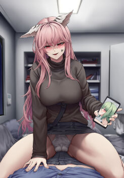 1boy 2girls absurdres anger_vein angry animal_ears bare_legs belt black_sweater bookshelf breasts cheating_(relationship) de_lacey_(neural_cloud) enin evil_smile girls&#039;_frontline girls&#039;_frontline_neural_cloud green_hair grinding hetero highres holding holding_phone indoors lace lace_panties long_hair long_sleeves male_professor_(neural_cloud) medium_breasts multiple_girls panties pantyshot persicaria_(neural_cloud) phone pink_eyes pink_hair pov professor_(neural_cloud) shaded_face smile straddling sweater thermostat underwear upskirt white_panties