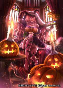 1girl :d arm_up bare_shoulders blue_dress breasts candle cleavage commentary_request copyright_notice curtains dress frilled_dress frills full_body gloves grey_thighhighs gyakushuu_no_fantasica hair_between_eyes halloween hat highres horns indoors jack-o'-lantern lace lace-trimmed_thighhighs lace_trim large_breasts long_hair looking_at_viewer no_shoes off-shoulder_dress off_shoulder official_art open_mouth pink_hair purple_gloves short_sleeves sitting smile solo stained_glass thighhighs ueda_metawo white_hat window yellow_eyes