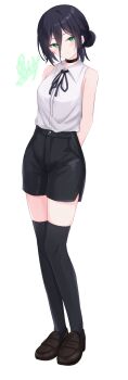 1girl arms_behind_back black_choker black_hair black_ribbon black_shoes black_shorts black_thighhighs chainsaw_man choker closed_mouth full_body green_eyes hair_between_eyes hair_bun highres loafers neck_ribbon rei_wakasagi reze_(chainsaw_man) ribbon shirt shirt_tucked_in shoes shorts sleeveless sleeveless_shirt smile solo standing thighhighs