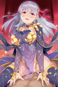 1boy 1girl blush breasts censored clothed_female_nude_male clothed_sex collar commentary_request covered_navel cowgirl_position cum cum_on_body cum_on_clothes cum_on_legs detached_sleeves drooling fate/grand_order fate_(series) gold_ring gold_trim grey_hair hair_ribbon hetero jewelry kama_(assassin)_(second_ascension)_(fate) kama_(fate) kama_(second_ascension)_(fate) kama_(teenager)_(fate) large_breasts long_hair looking_at_viewer maruto! mosaic_censoring multiple_rings nude open_mouth pov purple_shirt purple_sleeves purple_thighhighs raised_inner_eyebrows red_eyes red_ribbon revealing_clothes ribbon ring saliva see-through_clothes see-through_shirt see-through_sleeves sex shirt sparkle straddling sweat thighhighs vaginal