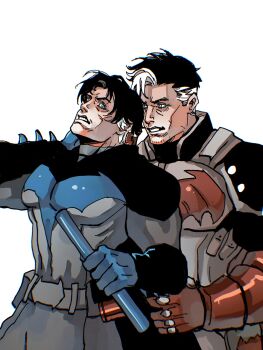 aged_up bat_signal batman batman_(series) batman_symbol black_bodysuit black_hair blue_eyes bodysuit dc_comics dick_grayson grey_bodysuit hair_between_eyes highres jason_todd male_focus multicolored_bodysuit multicolored_hair muscular muscular_male red_hood_(dc) rwheel0333 short_hair simple_background superhero_costume taut_bodysuit two-tone_bodysuit two-tone_hair white_hair