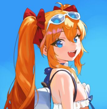Rule 34 | 1girl, blue background, blue eyes, bow, breasts, eyewear on head, fang, fang guu, hair bow, hashtag-only commentary, highres, indie virtual youtuber, long hair, looking at viewer, open mouth, orange hair, red bow, sideboob, smile, solo, sunglasses, swimsuit, thernz, twintails, virtual youtuber, white-framed eyewear