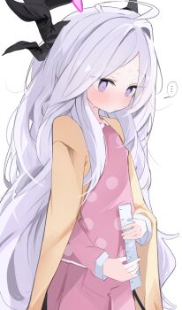 ... 1girl ahoge blue_archive cardigan commentary_request covered_erect_nipples cowboy_shot demon_girl demon_horns female_focus halo highres hina_(blue_archive) hina_(pajamas)_(blue_archive) horns light_blush long_hair long_sleeves measuring mikozin official_alternate_costume pajamas penis_measuring pink_pajamas polka_dot polka_dot_pajamas purple_eyes ruler sexually_suggestive sidelocks solo spoken_ellipsis standing very_long_hair white_background white_hair yellow_cardigan