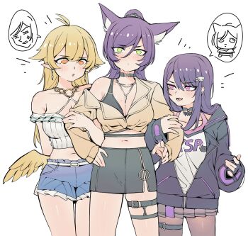 3girls :o ahoge animal_ear_fluff animal_ears arm_hug bare_shoulders belt black_bra black_choker black_gloves black_jacket black_skirt blonde_hair blue_shorts blush bra breasts brown_jacket choker cleavage criss-cross_halter crop_top cropped_jacket earrings feathered_wings fingerless_gloves fox_ears fox_girl girl_sandwich gloves green_eyes hair_between_eyes hair_flaps halterneck hand_on_own_hip height_difference hibiki_(vtuber) highres hood hooded_jacket jacket jewelry kakult2017 ksp_(vtuber) large_breasts long_hair long_sleeves looking_at_another low_wings meridian_project midriff miniskirt mole mole_on_breast multiple_girls navel necklace nose_blush off_shoulder open_clothes open_jacket pink_eyes pleated_skirt pointy_ears ponytail purple_hair red_eyes sandwiched seki_(vtuber) shirt short_shorts shorts simple_background single_bare_shoulder skirt surprised swept_bangs tank_top underwear virtual_youtuber white_background white_belt white_shirt white_tank_top wings yellow_wings yuri
