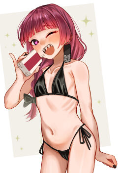 1girl ;d absurdres alcohol_carton bare_arms bare_shoulders bikini bilingual_commentary black_bikini black_bow black_nails blush bocchi_the_rock! bow braid collarbone commentary commentary_request cowboy_shot drink_carton earrings english_commentary fingernails flat_chest hair_bow hair_over_shoulder hakai_no_ika highleg highleg_bikini highres hiroi_kikuri holding holding_drink_carton jewelry long_fingernails long_hair looking_at_viewer mixed-language_commentary nail_polish navel ofuda_earrings one_eye_closed open_mouth paid_reward_available pinky_out purple_eyes purple_hair ribs sharp_teeth side-tie_bikini_bottom single_braid skinny smile solo standing string_bikini swimsuit teeth