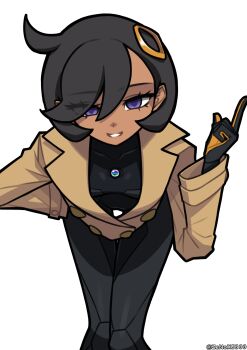 1girl absurdres bent_over black_bodysuit black_gloves black_hair bodysuit bodysuit_under_clothes brown_jacket collared_jacket commentary covered_collarbone emma_(pokemon) eyelashes gloves grin hair_ornament hand_on_own_hip hand_up highres index_finger_raised jacket long_sleeves looking_at_viewer nintendo pokemon pokemon_legends:_z-a purple_eyes short_hair simple_background smile solo teeth twitter_username watermark white_background zenox5300