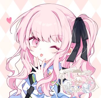 1other :3 :p akiyama_mizuki argyle_background black_ribbon blush collared_shirt commentary_request hair_ribbon highres homura792 long_hair one_eye_closed pink_eyes pink_hair project_sekai ribbon shirt side_ponytail sidelocks simple_background solo tongue tongue_out white_background white_shirt