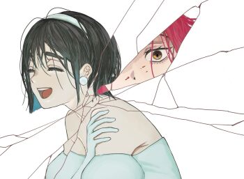 Rule 34 | 2girls, alien stage, bare shoulders, black hair, bob cut, closed eyes, commentary, crack, cracked glass, dress, earrings, gloves, hairband, hand on own shoulder, hashtag-only commentary, highres, jewelry, mizi (alien stage), multiple girls, off-shoulder dress, off shoulder, open mouth, pearl earrings, pink hair, revealing layer, short hair, smile, snsbeginner4649, sphere earrings, sua (alien stage), white dress, white gloves, white hairband, yellow eyes