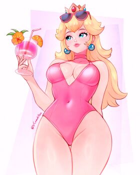 1girl blonde_hair blue_eyes breasts cleavage crown cup drinking_glass earrings flower food fruit jewelry konomiarts lips long_hair looking_to_the_side mario_(series) nintendo one-piece_swimsuit orange_(fruit) orange_slice princess_peach sunglasses_on_head swimsuit