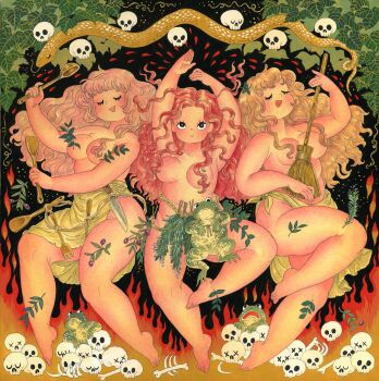 3girls absurdres arms_up bad_id bad_twitter_id barefoot blonde_hair bone breasts breasts_apart broom closed_eyes frog highres holding holding_spoon leaf medium_breasts multiple_girls open_mouth original panoramango pink_hair plant red_hair skull snake spoon topless_female tree