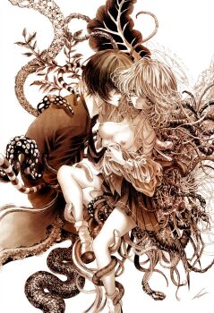 Rule 34 | 1boy, 1girl, asymmetrical wings, aya carmine, breasts, cigarette, clothes pull, collarbone, collared shirt, hair between eyes, halo, hand on another's neck, hand on another's thigh, highres, hitomi hirosuke (sayonara wo oshiete), jacket, leaf, leaf wings, long hair, millipen (medium), mismatched wings, monochrome, mouth hold, necktie, nipples, parted lips, pen (medium), pleated skirt, sayonara wo oshiete, shirt, shirt partially removed, shirt pull, shoes, short hair, skirt, smoking, snake, socks, suction cups, sugamo mutsuki, tendril, tentacles, traditional media, uwabaki, very long hair, wings