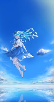 1girl barefoot blue_sailor_collar blue_skirt blue_theme cloud cloudy_sky commentary floating_hair flying from_side full_body long_hair looking_at_viewer lum miz_mus sailor_collar school_uniform serafuku shirt skirt skirt_hold sky solo urusei_yatsura white_shirt