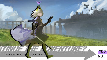 1girl absurdres arknights black_bodysuit blue_eyes blue_sky bodysuit castle chalalot closed_mouth cloud commentary cross_scar dress drop_shadow english_commentary english_text fake_screenshot field full_body grass gun head_wings highres holding holding_gun holding_sword holding_weapon irene_(arknights) irene_(the_adjudicatrix_and_her_resolve)_(arknights) layered_sleeves long_sleeves medium_hair pleated_dress purple_dress scar scar_across_eye scar_on_face short_over_long_sleeves short_sleeves sky solo sword user_interface weapon white_hair wings