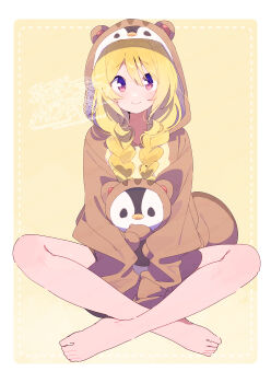 1girl animal_hood barefoot blonde_hair blush border braid brown_hoodie closed_mouth commentary_request dot_nose full_body hair_between_eyes highres hood hood_up hoodie indian_style long_hair looking_at_viewer magia_record:_mahou_shoujo_madoka_magica_gaiden mahou_shoujo_madoka_magica outside_border red_eyes serizawa_serizane sitting smile solo togame_momoko twin_braids watermark white_border yellow_background