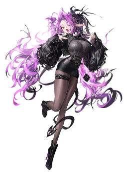 1girl ;p absurdres agoto black_boots black_jacket black_skirt boots breasts brown_pantyhose demon_tail fang full_body high_heel_boots high_heels highres jacket jewelry large_breasts long_hair long_sleeves multiple_rings one_eye_closed open_clothes open_jacket open_mouth original pantyhose pointy_ears puffy_long_sleeves puffy_sleeves purple_hair red_eyes ring skin_fang skirt solo tail tail_around_own_leg thigh_strap tongue tongue_out very_long_hair