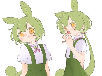 1girl blush cross_tie green_hair hand_up highres looking_at_viewer low_ponytail multiple_views ofo_j1 open_mouth ponytail shirt short_sleeves simple_background smile smug suspenders upper_body voicevox white_background white_shirt yellow_eyes zundamon