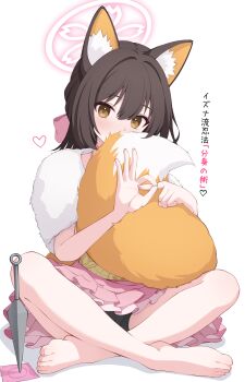 1girl absurdres animal_ears blue_archive blush brown_hair commentary_request condom condom_wrapper crossed_legs eyeshadow fox_ears fox_girl fox_tail halo highres izuna_(blue_archive) kunai makeup penetration_gesture pink_eyeshadow shijima_(shijima_tc) simple_background solo tail weapon white_background yellow_eyes