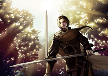 1boy armor cao_pi_(shin_sangoku_musou) cape chain commentary_request dappled_sunlight dual_wielding forest highres holding holding_sword holding_weapon kdash looking_to_the_side male_focus nature outdoors parted_lips ponytail shin_sangoku_musou solo sunlight sword upper_body weapon