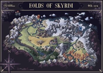 absurdres banner battle_standard border castle commentary compass_rose english_commentary english_text glacier highres island lake louispretends map_(medium) mountain pixel_art river the_elder_scrolls the_elder_scrolls_v:_skyrim town tree war_banner