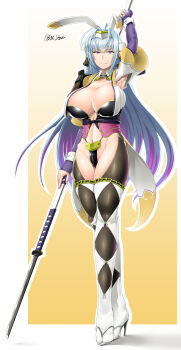 1girl absurdres adapted_costume animal_ears antenna_hair arm_up armor armpit_cutout armpits blue_hair border breasts cleavage clothing_cutout collarbone commentary_request fake_animal_ears gradient_background gradient_hair hair_between_eyes high_heels highres japanese_armor japanese_clothes large_breasts long_hair looking_at_viewer multicolored_hair naginata playboy_bunny polearm purple_eyes purple_hair rabbit_ears rance_(series) revealing_clothes saizu_nitou_gunsou sengoku_rance senhime shoulder_armor smile solo standing thigh_cutout two-tone_hair very_long_hair weapon white_border white_wrist_cuffs wrist_cuffs yellow_background