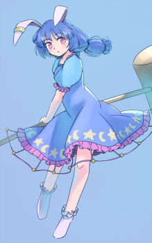 1girl animal_ears blue_background blue_dress blue_hair commentary_request dress frilled_dress frills full_body grey_socks holding holding_mallet kine knees light_blush long_hair looking_to_the_side mallet one-hour_drawing_challenge parted_lips puffy_short_sleeves puffy_sleeves rabbit_ears rabbit_girl rangycrow red_eyes seiran_(touhou) short_sleeves socks solo touhou twintails