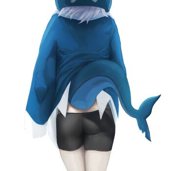 1girl ass black_shorts blue_hoodie fins fish_tail from_behind gawr_gura gawr_gura_(1st_costume) highres hololive hololive_english hood hoodie medium_hair shark_girl shark_tail shorts simple_background sleeves_past_fingers sleeves_past_wrists solo spicyyrum tail virtual_youtuber white_background white_hair