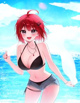 1girl akane_lize bikini black_bikini blue_sky blush breasts cloud commentary_request cowboy_shot cross_pendant cutoffs day denim denim_shorts earrings fangs fingernails grey_eyes hair_ornament hairclip hand_up highres jewelry korean_commentary large_breasts maengowl mole mole_under_eye nail_polish navel necklace no_shirt ocean open_clothes open_fly open_mouth open_shorts outdoors red_hair red_nails red_pupils sarong short_hair short_shorts shorts sky smile solo standing stellive stomach stud_earrings swimsuit torn_clothes torn_shorts unworn_sarong virtual_youtuber white_sarong