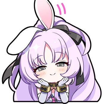 1girl animal_ears black_ribbon blue_sailor_collar closed_mouth commentary elbow_gloves english_commentary gloves grey_eyes hands_on_own_cheeks hands_on_own_face high_ponytail neck_ribbon neckerchief official_art one_ear_down pink_neckerchief ponytail purple_hair rabbit_ears rabbit_girl ribbon sailor_collar sailor_shirt shia_(stella_sora) shirt simple_background sleeveless sleeveless_shirt smile solo split_mouth stella_sora transparent_background white_gloves white_shirt