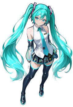 1girl absurdres aqua_eyes aqua_hair aqua_necktie bare_shoulders black_thighhighs breasts collarbone collared_shirt detached_sleeves hatsune_miku highres long_hair looking_at_viewer microphone necktie pleated_skirt shirt skirt small_breasts smile solo standing thighhighs transparent_background twintails very_long_hair vocaloid white_shirt wuhe2233pz zettai_ryouiki