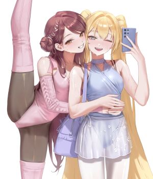 2girls absurdres asha_(bangsom) athletic_leotard ballerina ballet balletcore bangsom bare_shoulders blonde_hair blue_eyes blue_leotard blush breasts bridal_sleeves brown_eyes brown_hair cellphone detached_sleeves flexible grey_eyes hair_bun highres holding holding_phone hug leg_up leotard leotard_peek long_hair looking_at_viewer mole mole_under_eye multiple_girls nora_(bangsom) one_eye_closed open_mouth original pantyhose phone pink_leotard pink_pantyhose pink_thighhighs ribbon selfie simple_background smartphone smile split standing standing_on_one_leg standing_split teeth thighhighs tutu twintails upskirt very_long_hair white_background white_pantyhose wrap_skirt