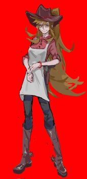 Rule 34 | 1girl, animification, apron, bandage on cheek, black pants, boots, bracelet, brown boots, brown hair, brown hat, chinese commentary, collared shirt, commentary request, corrupted twitter file, cowboy hat, cowboy western, cowgirl (western), eddsworld, full body, genderswap, genderswap (mtf), grey eyes, gun, hat, high ponytail, highres, holster, jewelry, kuangzihaixing, long hair, looking at viewer, pants, ponytail, red background, red shirt, red theme, self cosplay, shirt, simple background, smile, solo, spurs, standing, todd (eddsworld), tord (eddsworld), tori (eddsworld), very long hair, weapon, white apron