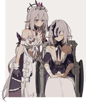 Rule 34 | 2girls, absurdres, animal print, bandages, bow, breasts, burnt clothes, butterfly print, castorice (honkai: star rail), clothing cutout, detached collar, dress, flower, gloves, highres, honkai: star rail, honkai (series), long hair, medium breasts, medium hair, multiple girls, note nii, off shoulder, own hands together, pointy ears, polyxia (honkai: star rail), purple hair, siblings, sisters, sleeveless, tiara, twins, two-tone background, very long hair, wheelchair