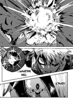 Rule 34 | 1boy, 1girl, absurdres, bakugou katsuki, boku no hero academia, breasts, chainsaw man, choker, cleavage, commentary, crossover, english commentary, english text, explosion, eye mask, eye reflection, grenade pin, greyscale, hair between eyes, high-waist shorts, highres, jumpsuit, mask, monochrome, neitheyagi, open mouth, polo shirt, power connection, reflection, reze (chainsaw man), shirt tucked in, shorts, speech bubble, spiked hair, superhero costume