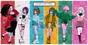6+girls absurdres alternate_costume ankleband anna_(aannnaa3) argyle_cardigan argyle_clothes ashido_mina asui_tsuyu audio_jack bandaid bandaid_on_knee bandaid_on_leg bare_legs barefoot belt black_belt black_eyes black_hair black_sclera black_skirt black_socks black_tube_top blue_hairband blue_hoodie blue_shoes blue_shorts blue_sneakers blunt_bangs blush boku_no_hero_academia bracelet breast_pocket breasts brown_eyes brown_hair brown_jacket buttons cardigan character_name checkered_background checkered_clothes checkered_skirt cleavage closed_mouth collared_shirt colored_sclera colored_skin commentary copyright_name denim denim_shorts drawstring earrings english_commentary fashion fishnet_pantyhose fishnets frilled_skirt frills full_body green_cardigan green_hair green_shoes green_shorts green_sneakers grey_sandals hagakure_toru hair_between_eyes hair_ornament hair_rings hairband hands_on_own_hips hands_up highres holding holding_skateboard hood hood_down hoodie hoop_earrings horns jacket jewelry jiro_kyoka kneehighs long_hair long_skirt long_sleeves looking_at_viewer looking_to_the_side low-tied_long_hair medium_hair midriff multiple_girls nail_polish off-shoulder_shirt off_shoulder one_eye_covered open_clothes open_jacket open_mouth orange_nails orange_shirt orange_skirt pantyhose partially_unbuttoned partially_unzipped pink_hair pink_shirt pink_skin pink_skirt pocket ponytail purple_hair purple_nails red_cardigan red_nails red_sandals sandals shirt shirt_tucked_in shoes short_hair shorts sidelocks skateboard skirt sleeve_cuffs sleeves_past_fingers sleeves_past_wrists smile sneakers socks split_mouth standing strapless striped_clothes striped_shirt thigh_belt thigh_strap toes tube_top twitter_username uraraka_ochako vertical-striped_clothes vertical-striped_shirt white_hair white_jacket white_skin white_socks yaoyorozu_momo yellow_eyes yellow_horns