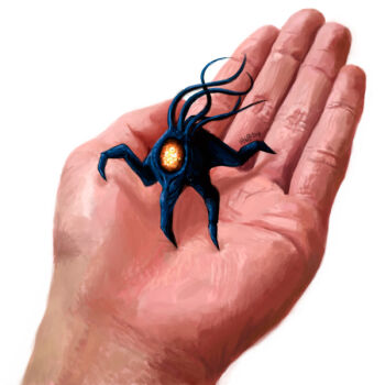 1other alternate_size commentary commentary_request dated english_commentary heather_gibbons in_palm ing_(metroid) metroid metroid_prime_2:_echoes mixed-language_commentary monster nintendo one-eyed pov pov_hands simple_background white_background