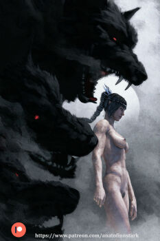 Rule 34 | 1girl, anato finnstark, animal, baldur's gate, baldur's gate 3, black hair, breasts, commentary, completely nude, dungeons & dragons, dungeons &amp; dragons, english commentary, female pubic hair, highres, large breasts, nipples, nude, oversized animal, ponytail, pubic hair, realistic, shadowheart (baldur's gate), solo, wolf