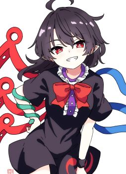 1girl absurdres ahoge asymmetrical_wings black_dress black_hair blue_wings bow bowtie center_frills commentary dated dress frills grin highres houjuu_nue leaning_forward long_hair looking_at_viewer pioartstuff pointy_ears red_bow red_bowtie red_eyes red_wings short_sleeves simple_background smile solo touhou watermark white_background wings