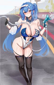 1girl absurdres areola_slip azur_lane black_thighhighs blue_hair blush breasts brown_eyes car clothing_cutout essex_(azur_lane) essex_(start_line_splash)_(azur_lane) front_zipper hci+ highres holding holding_hose hose jacket large_areolae large_breasts leotard long_hair looking_at_viewer motor_vehicle multicolored_leotard navel_cutout on_car open_clothes open_jacket open_mouth race_queen smile solo thighhighs twintails two-tone_leotard undersized_breast_cup visor_cap white_jacket zipper_leotard