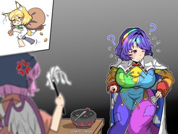 3girls ? absurdres anger_vein animal_ears bag blonde_hair blue_hair blurry bowl breasts coin commentary_request depth_of_field fox_ears fox_girl gradient_background grey_background hair_intakes highres kudamaki_tsukasa large_breasts multiple_girls mystia_lorelei okamisty patchwork_clothes sack short_hair sleepymoon tenkyuu_chimata touhou wings