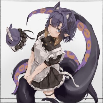 1girl :3 animal_ear_fluff animal_ears apron black_dress blue_eyes capucino_art cat_ears commentary dress frills from_above highres hololive hololive_english legband looking_at_viewer maid maid_apron multicolored_hair ninomae_ina'nis one_eye_closed orange_hair pointy_ears purple_hair simple_background takodachi_(ninomae_ina'nis) tentacle_hair tentacles virtual_youtuber