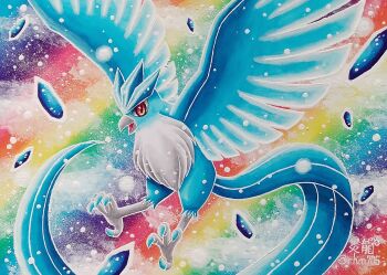 Rule 34 | articuno, bird, color ink (medium), enryuu (pixiv3483358), gen 1 pokemon, highres, legendary pokemon, nintendo, open mouth, pokemon, pokemon (creature), rainbow, rainbow background, red eyes, solo, traditional media